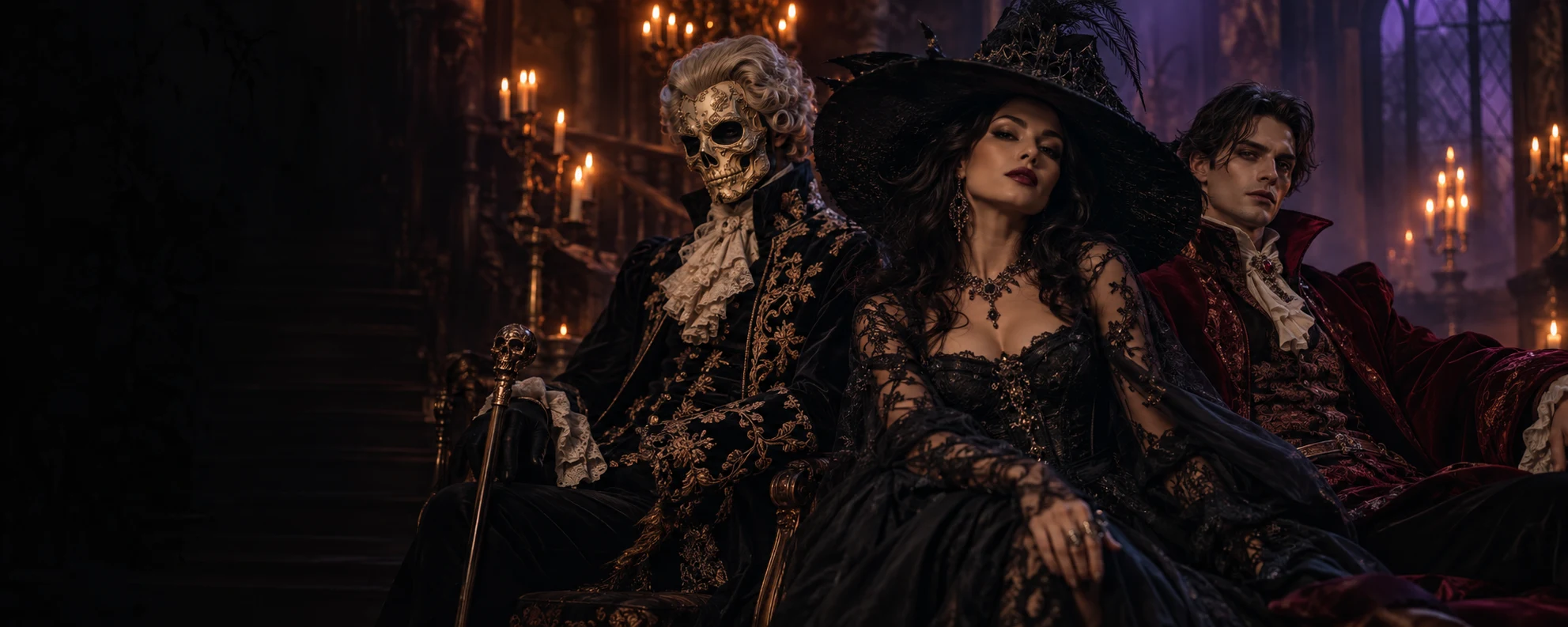 An illustrative Halloween fashion editorial with ornate witch and masquerade costumes in a candlelit gothic setting